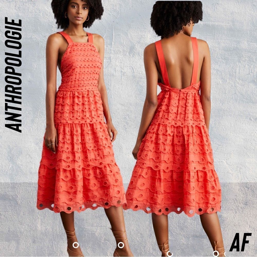 ANTHROPOLOGIE EYELET RUFFLED HALTER TOP MIDI DRESS IN CORAL BLUSH NEW SIZE 8